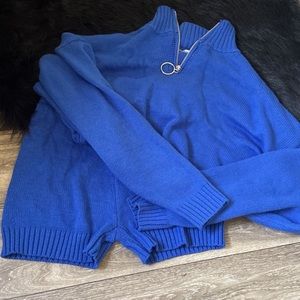 Blue Two Piece Cropped Sweater and Shorts Set